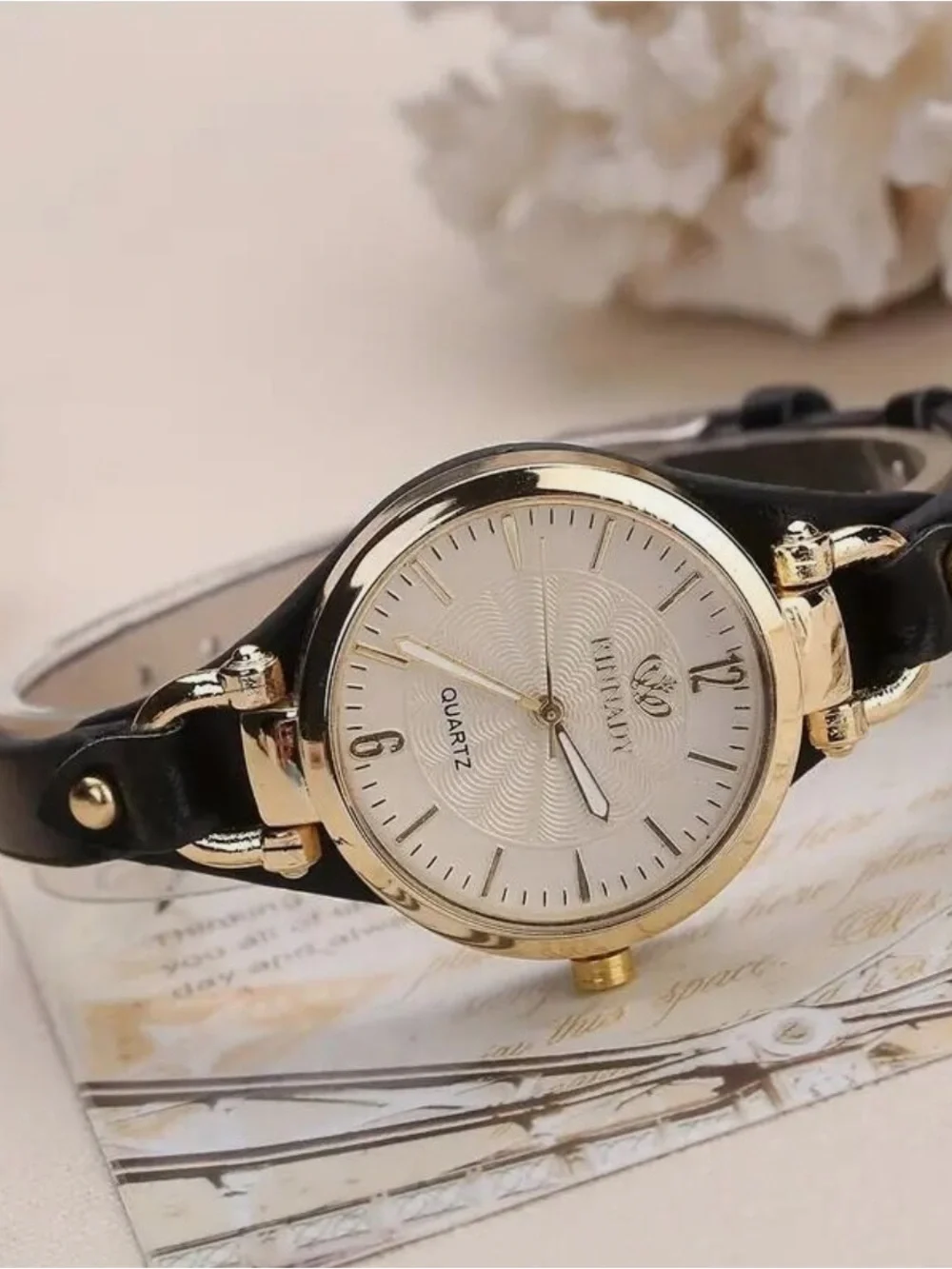 Anthropologie Gold-Tone Round Watch with Black Strap